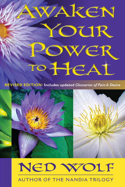 Awaken Your Power to Heal front cover. Image of three flowers. Purple, white and green. Title in gold letters and purple background.