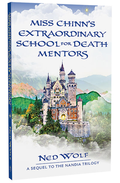 Miss Chinn’s Extraordinary School for Death Mentors front cover featuring a castle filled wiht light on a cloudy and mist-covered mountain.